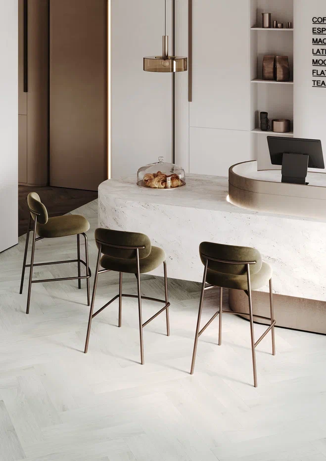 Кварцвиниловый SPC ламинат Home Expert Parquet Дуб Зимний лес 33-1028-29 / 33-3001 венгерская елка 615×123×3,5 фото в интерьере